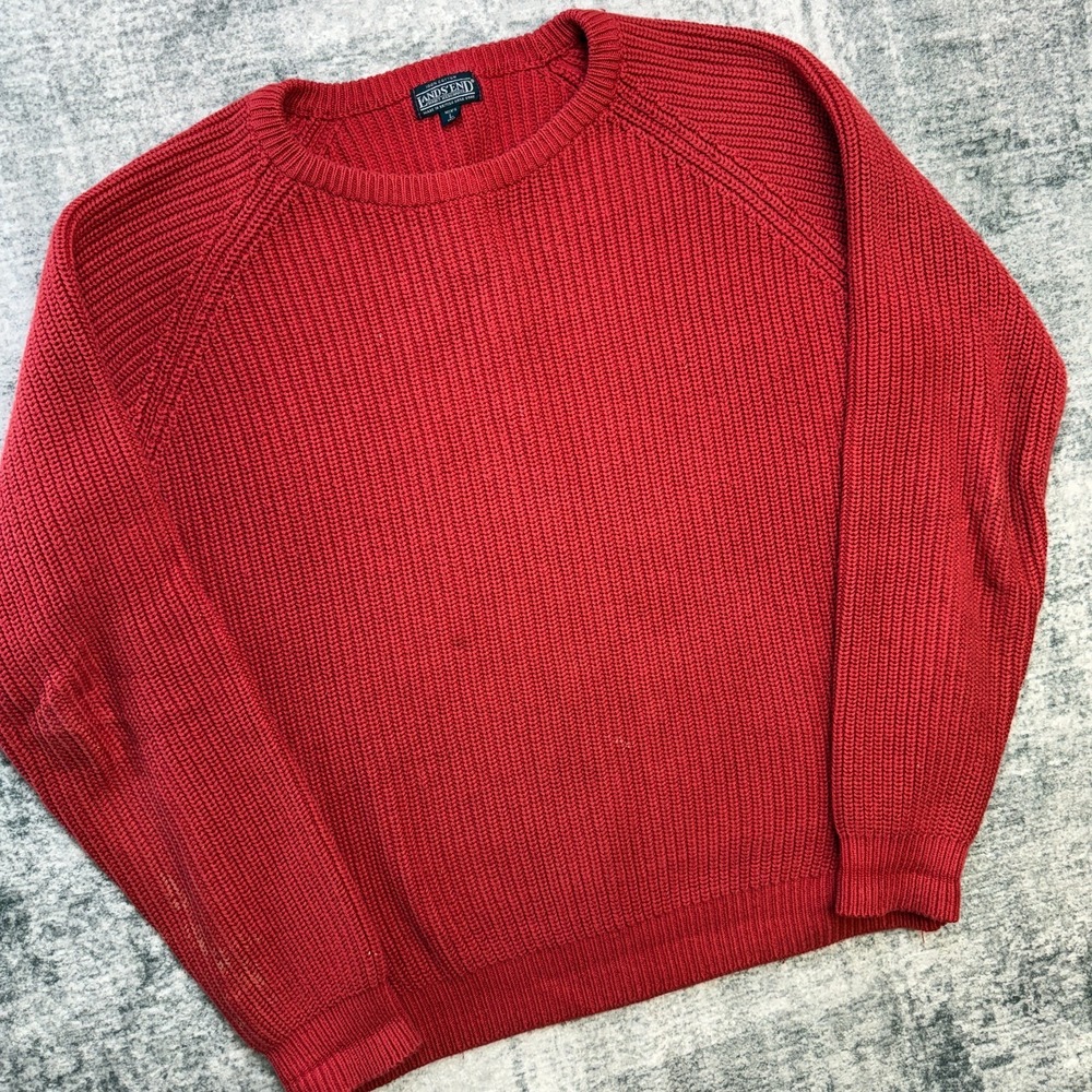 VTG Lands End Sweater Mens Large Tall Red Chunky Ribbed Knit Cotton‎ Fisherman